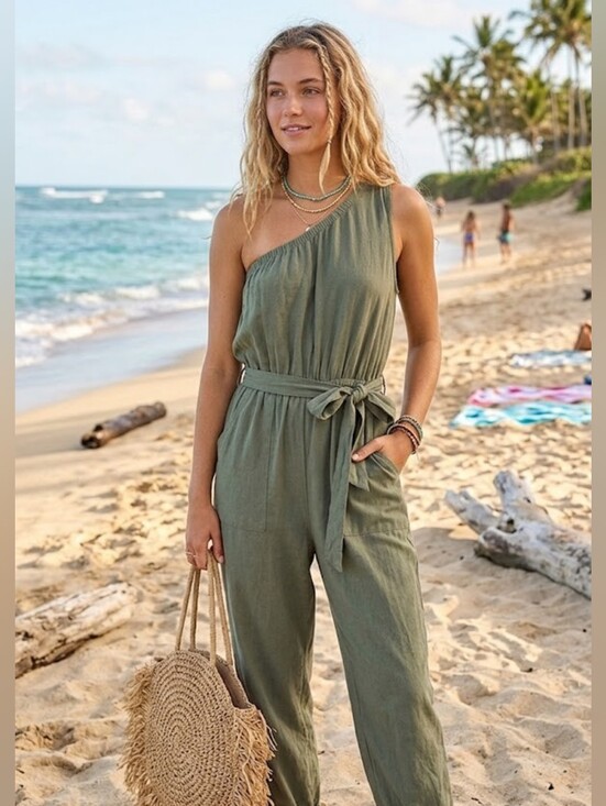 American Eagle Outfitters Pants - AEO Green One Shoulder Sleeveless Belted Jumpsuit L